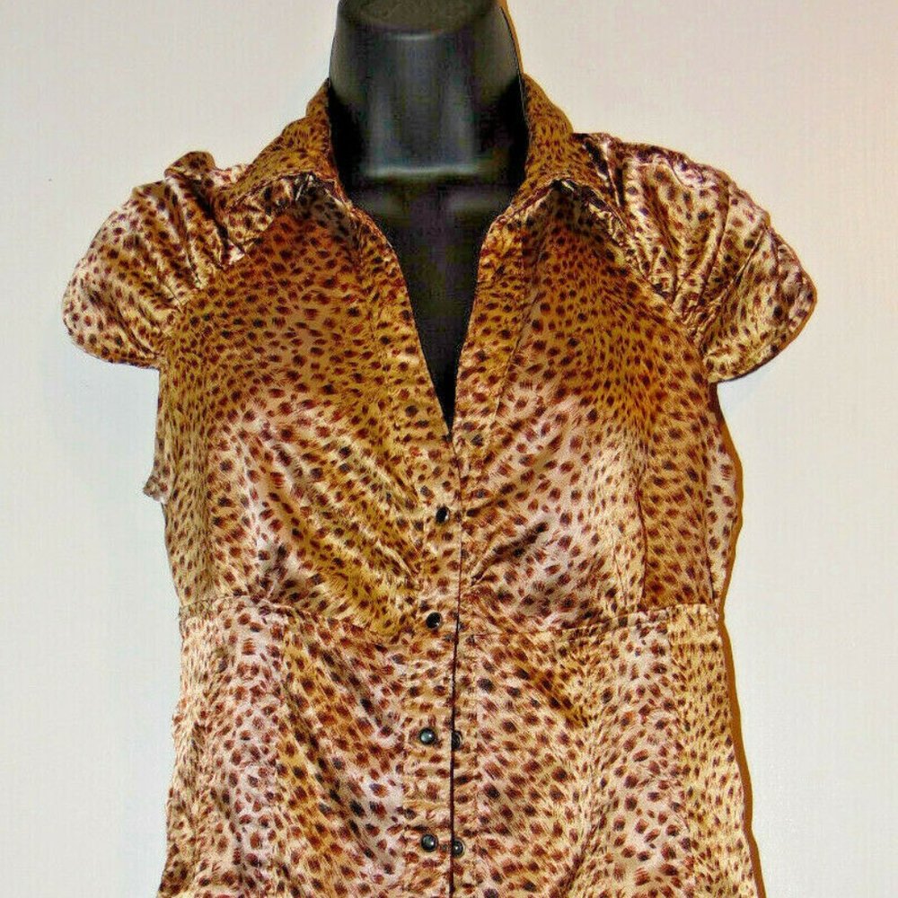 MB My Brand Luise Paris Leopard Print Silk Blouse Snap Button Up Top Size M